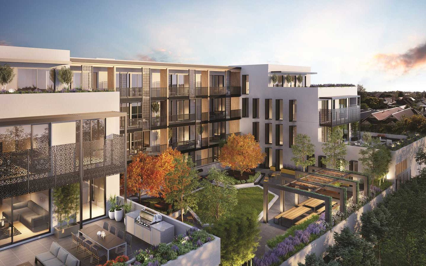 rendering of exterior of condo with large trees and grass areas on rooftop